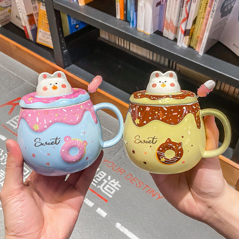 Cartoon Cute Cat Donut Mug With Lid Spoon