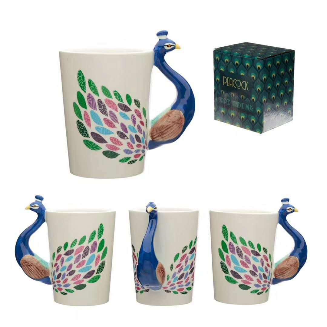 Painted Ceramic Cup Crown Peacock
