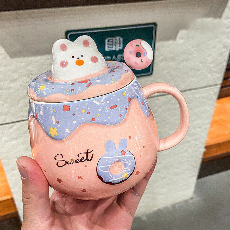 Cartoon Cute Cat Donut Mug With Lid Spoon