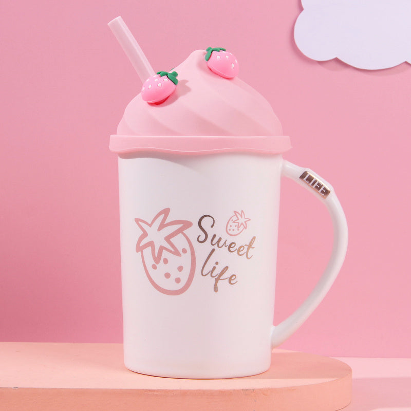 Creative Strawberry Ceramic Mug With Silicone Lid For Straw Cup
