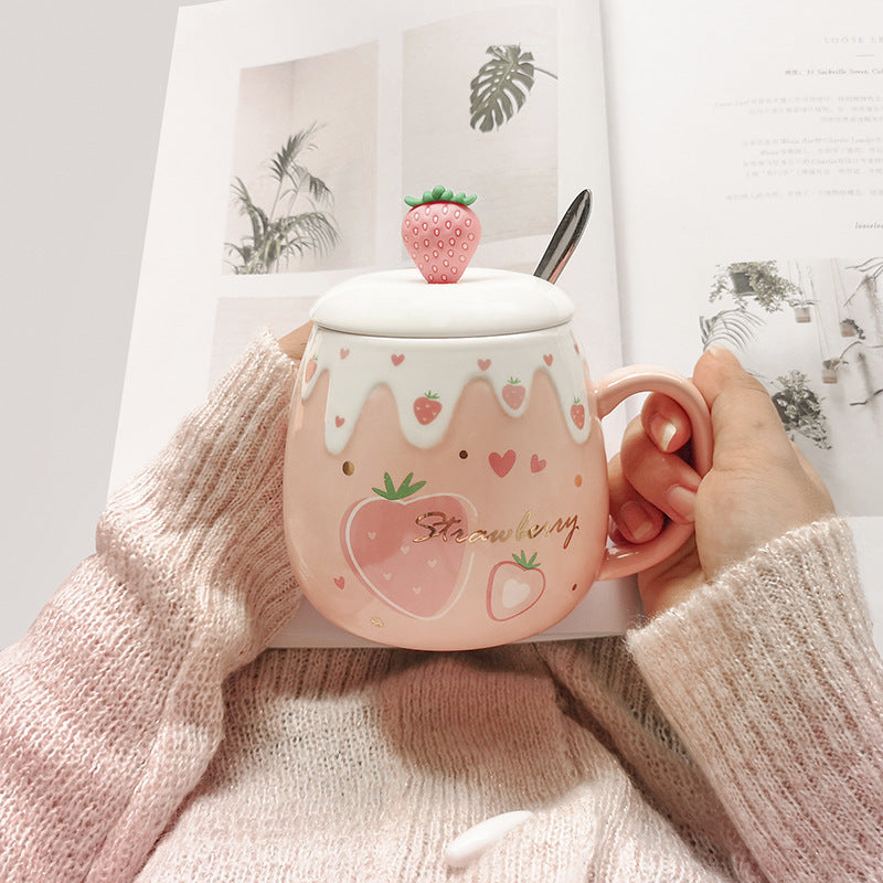 Strawberrie Cut Ceramic Female Mug with Lid Spoon