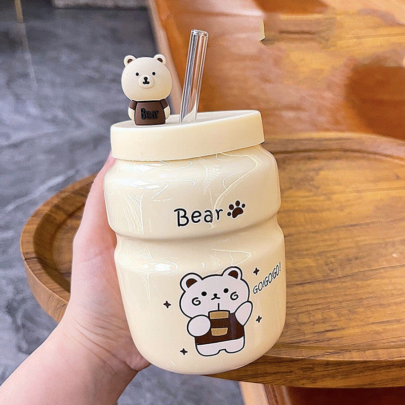 Cartoon Bear Ceramic Straw Cup Mug