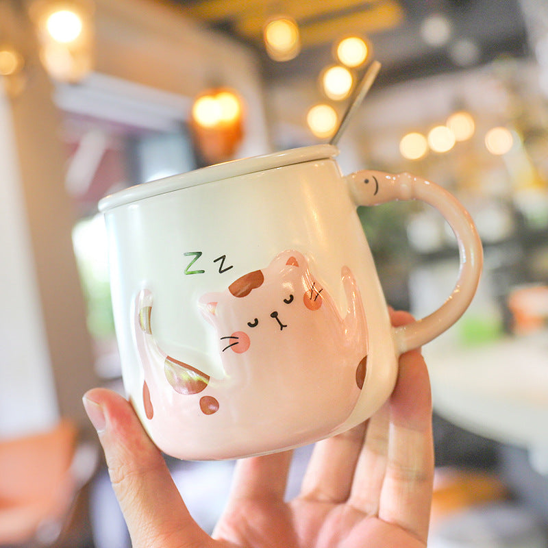 Cartoon Cat With Lid Spoon Ceramic Cup