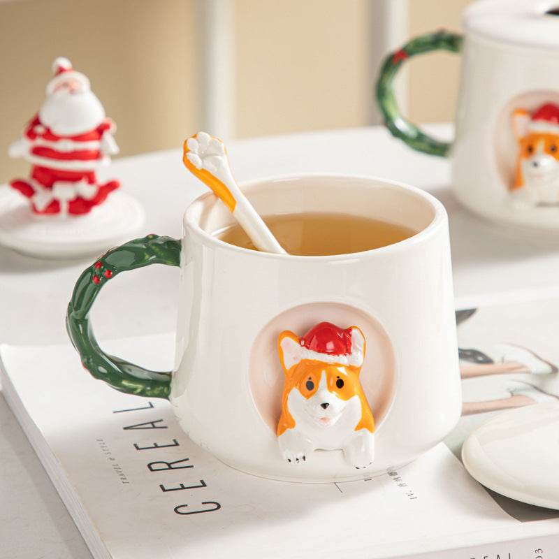 Christmas Style Corgi Mug With Cover Spoon