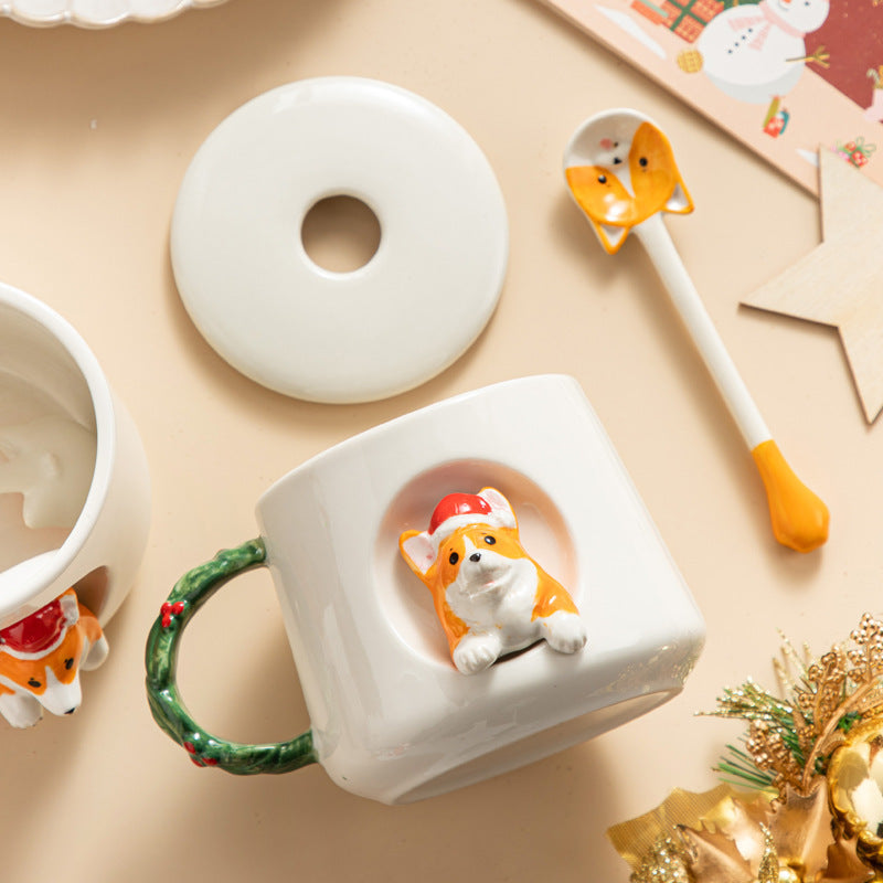 Christmas Style Corgi Mug With Cover Spoon