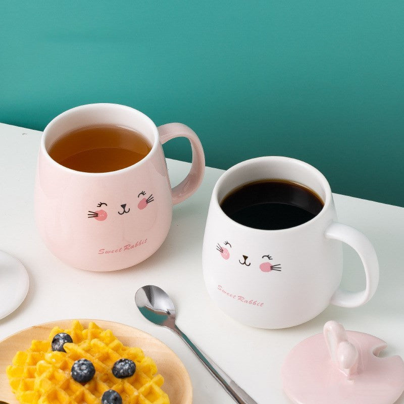 Cute Bunny Ear Mug With Lid Spoon