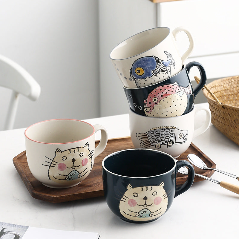 Ceramic Large Capacity Fish Mug With Lid Spoon