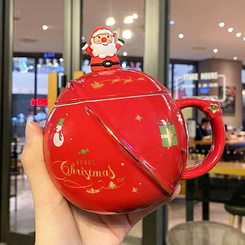 Christmas Round Mug Ceramic With Lid Spoon