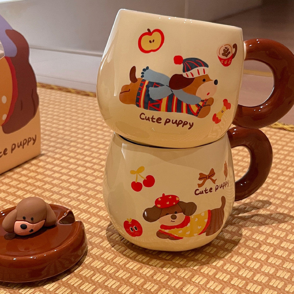 Cartoon Sausage Dog Mug With Lid Spoon