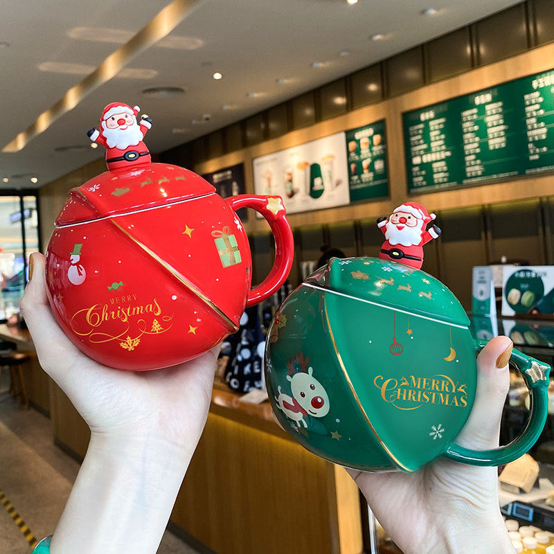 Christmas Round Mug Ceramic With Lid Spoon