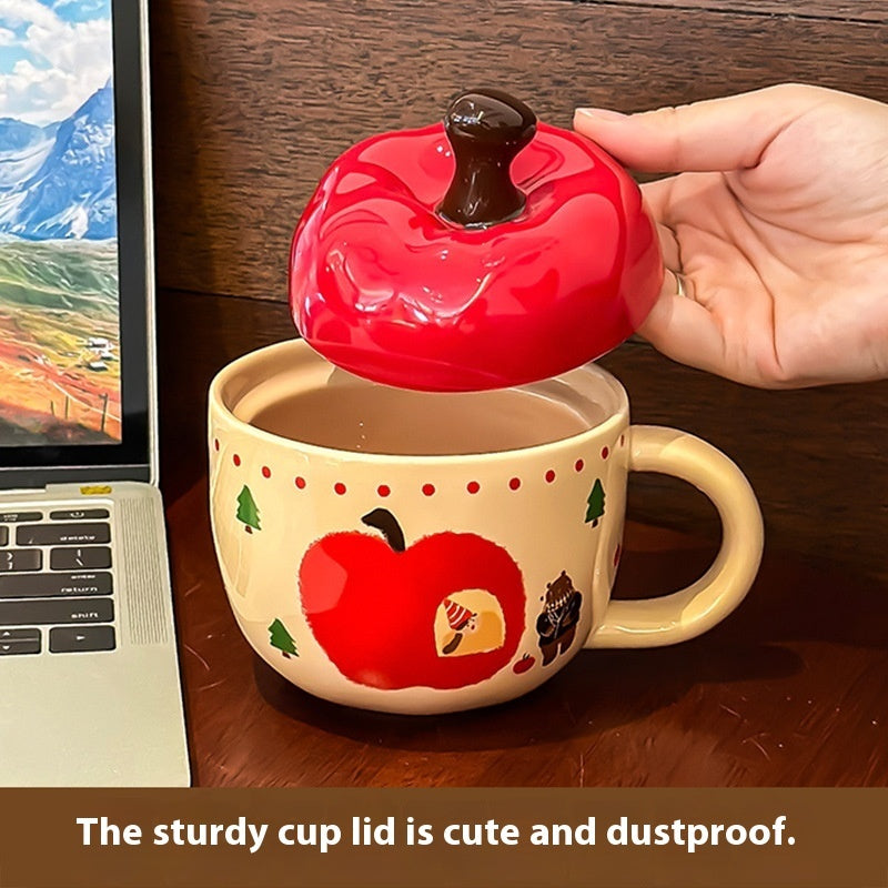 Cute Cartoon Apple Ceramic Mug With Cover Spoon