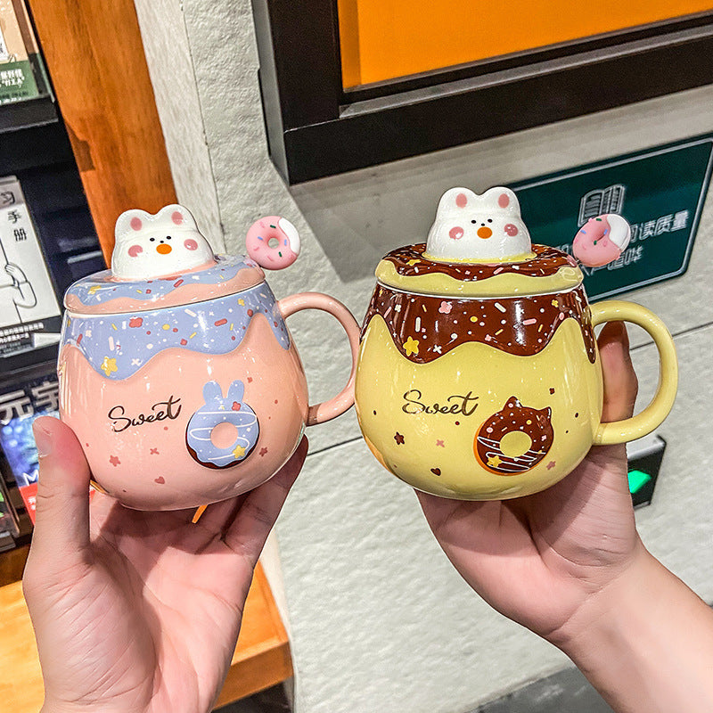 Cartoon Cute Cat Donut Mug With Lid Spoon