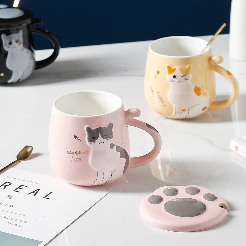 Ceramic Cat Mug With Lid And Spoon