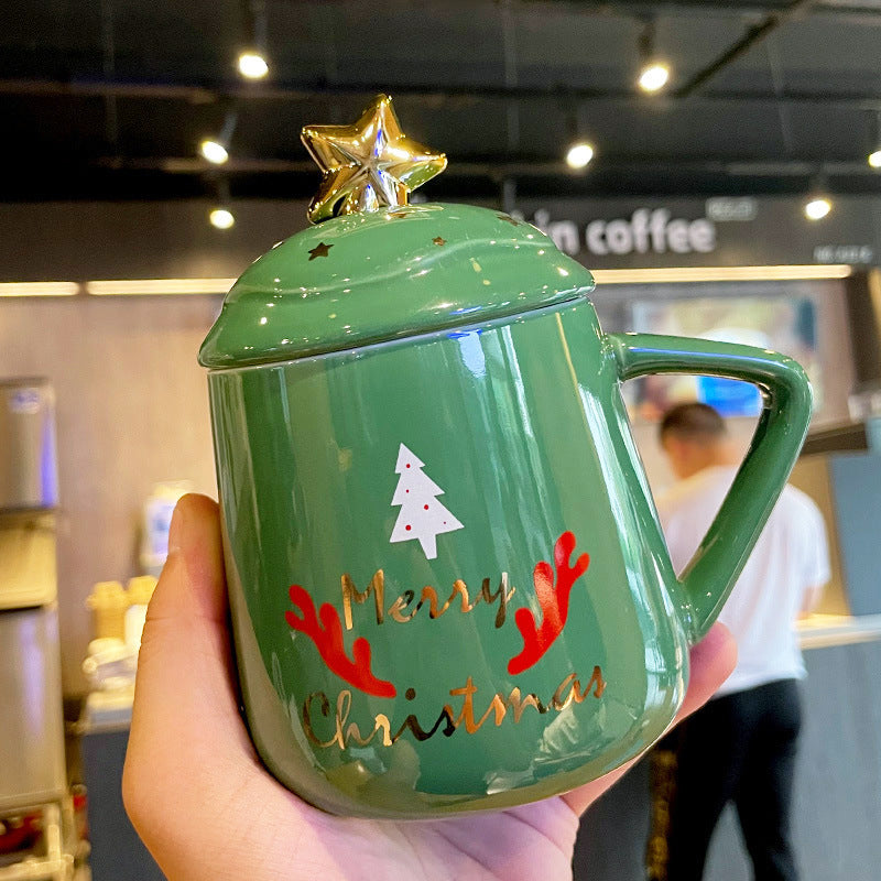Christmas Ceramic Cup Mug With Cover With Spoon