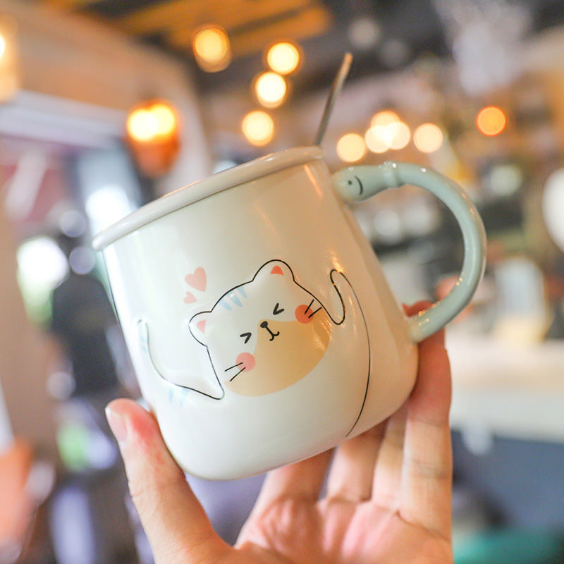 Cartoon Cat With Lid Spoon Ceramic Cup