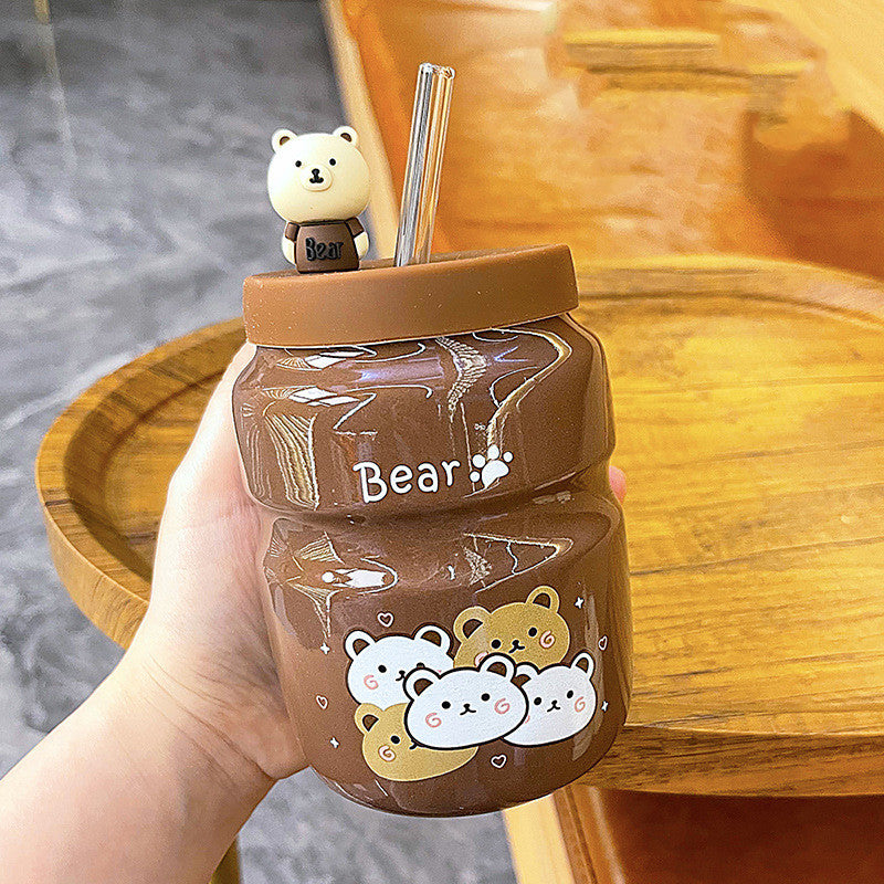 Cartoon Bear Ceramic Straw Cup Mug