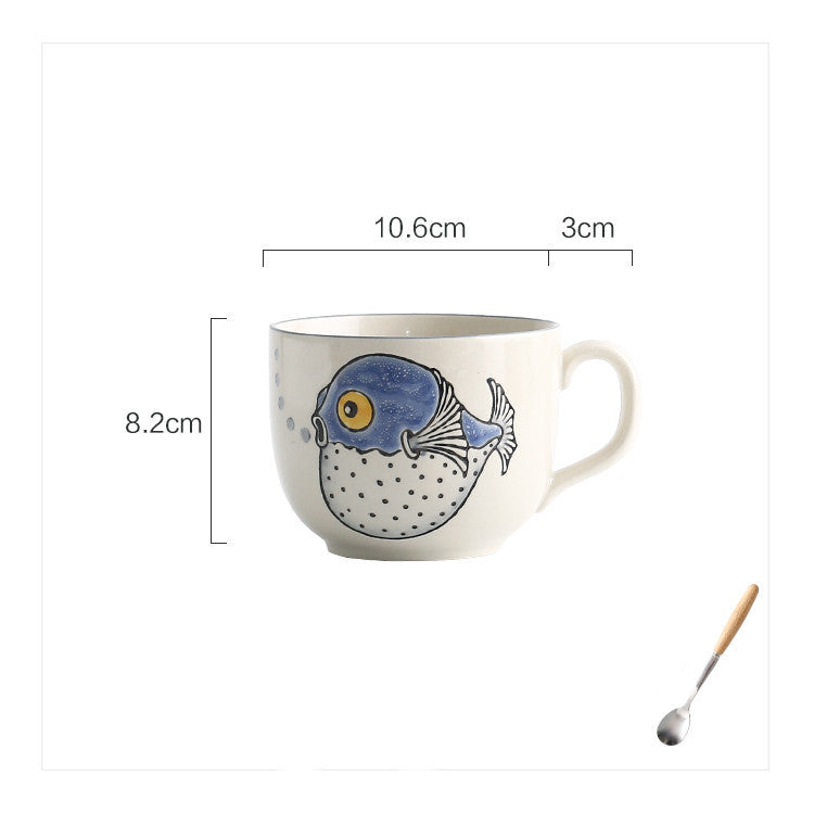 Ceramic Large Capacity Fish Mug With Lid Spoon