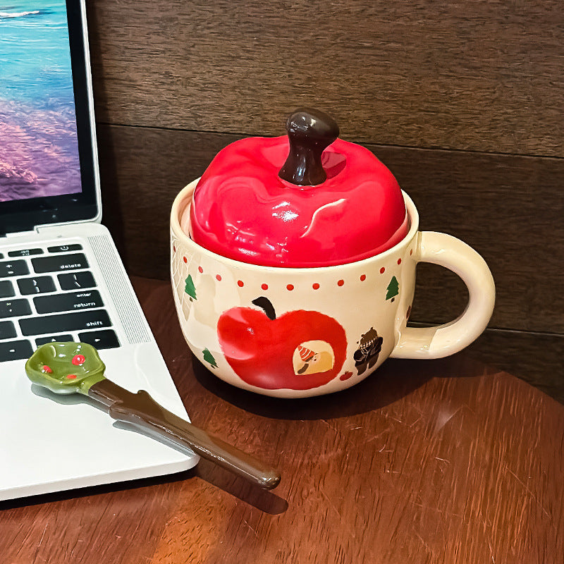 Cute Cartoon Apple Ceramic Mug With Cover Spoon