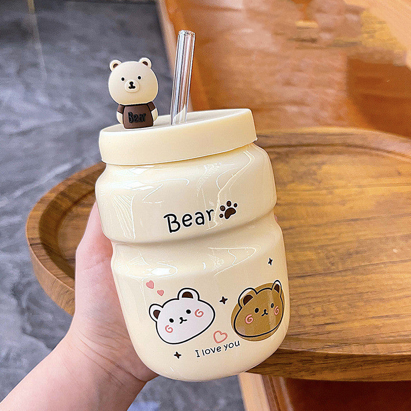 Cartoon Bear Ceramic Straw Cup Mug