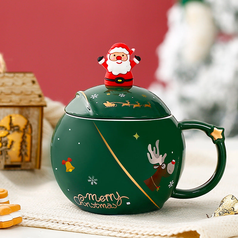 Christmas Round Mug Ceramic With Lid Spoon
