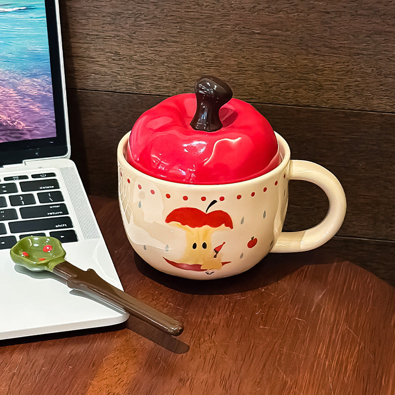 Cute Cartoon Apple Ceramic Mug With Cover Spoon