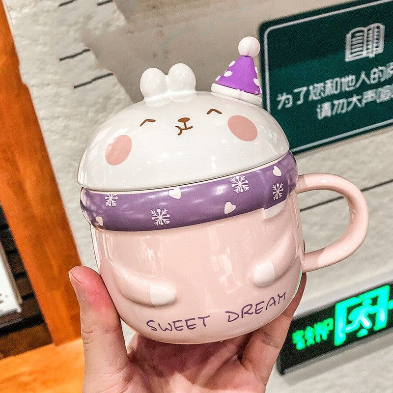 Gift Box Cute Cartoon Rabbit Ceramic Mug With Lid Spoon