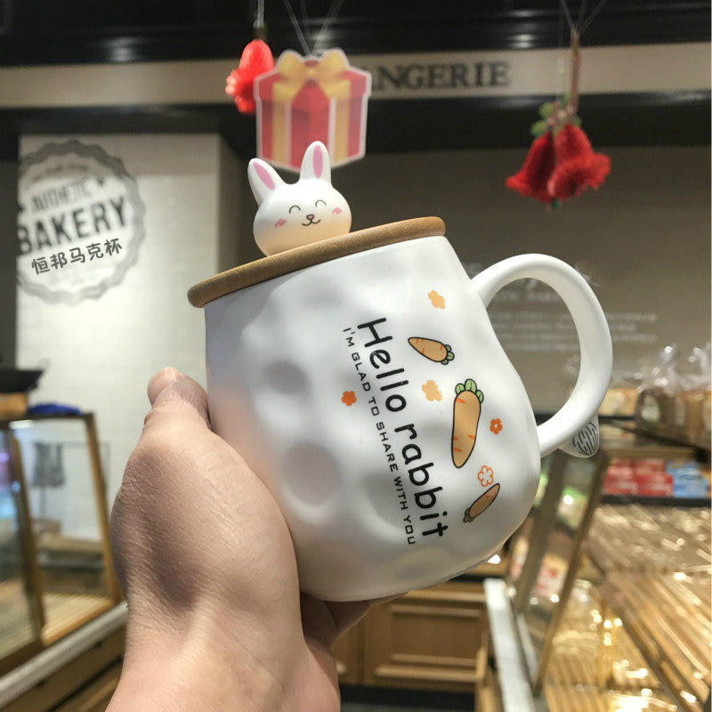 Cute Rogue Rabbit Ceramic Mug with Lid Spoon