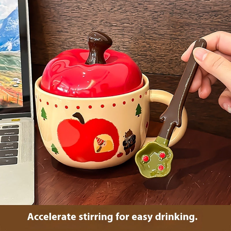Cute Cartoon Apple Ceramic Mug With Cover Spoon