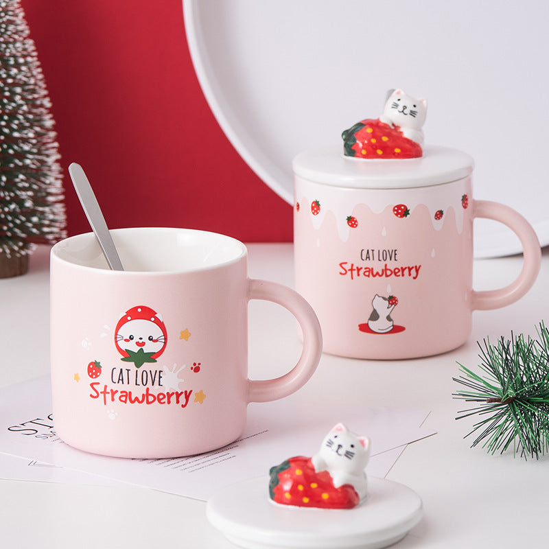 Creative Cartoon Ceramic Cup With Lid Cute Strawberry