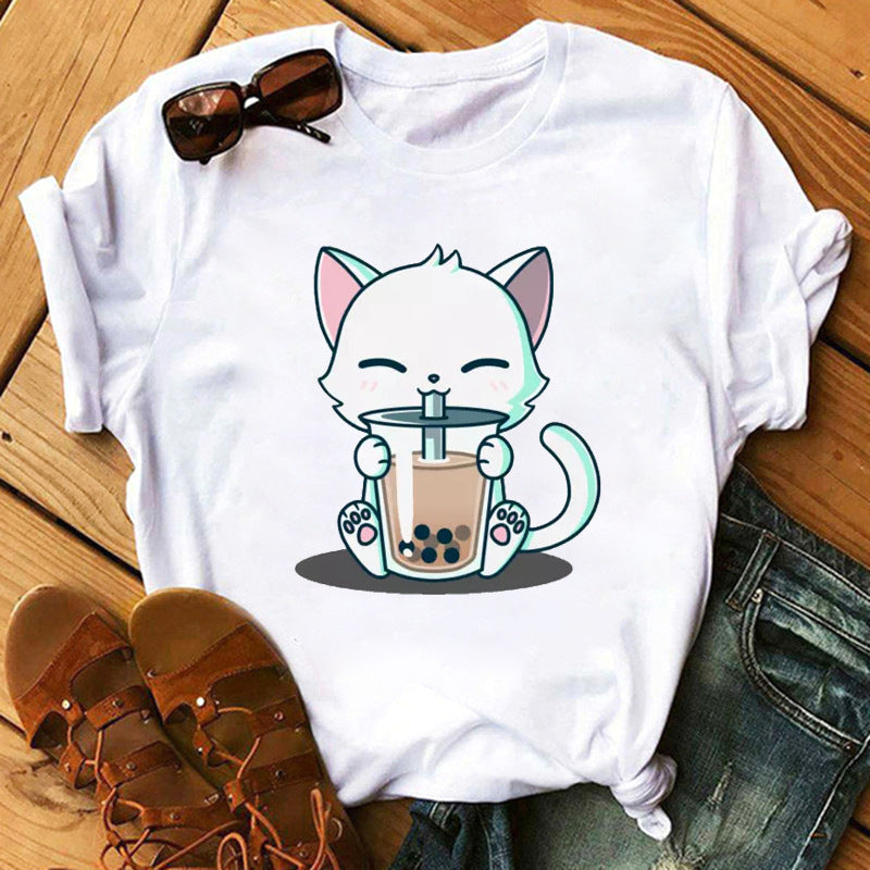 New Cute Milk Tea Print Short Sleeve Women