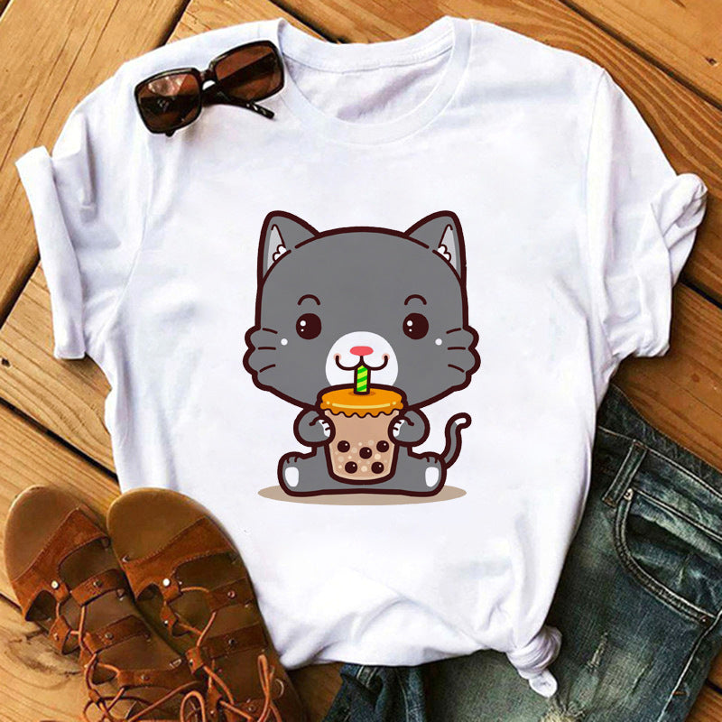 New Cute Milk Tea Print Short Sleeve Women
