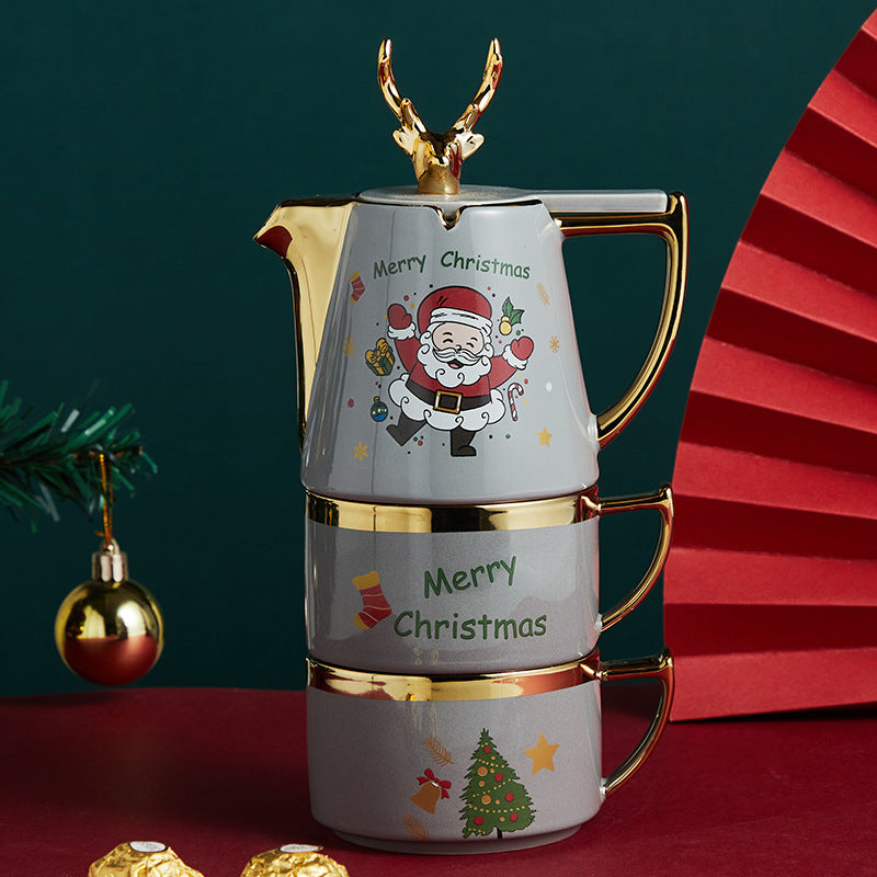 Ceramic Teapot Cup Gift Christmas Elk Teacup Set