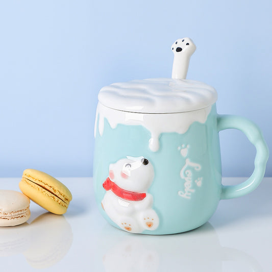 Cute Polar Bear Ceramic Cup With Lid Spoon