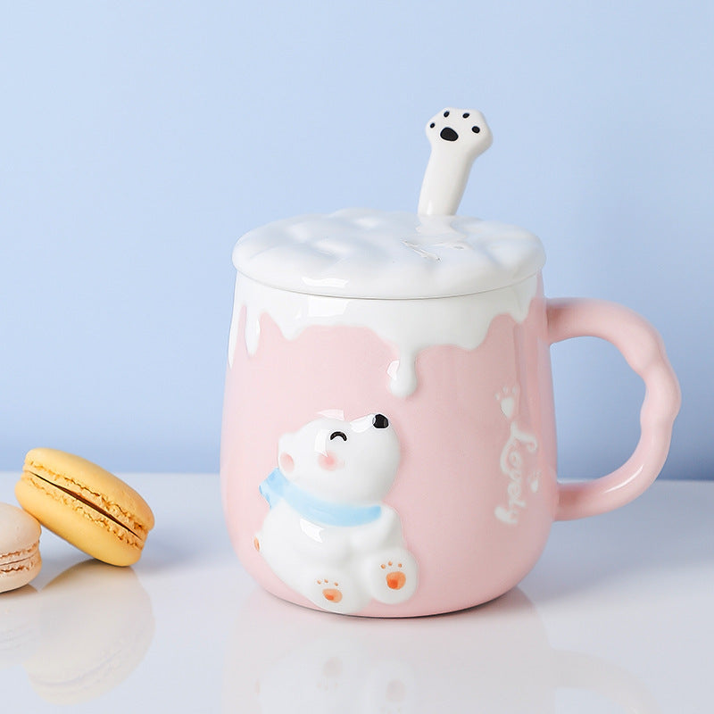 Cute Polar Bear Ceramic Cup With Lid Spoon