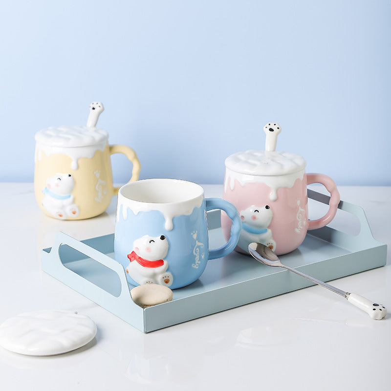 Cute Polar Bear Ceramic Cup With Lid Spoon