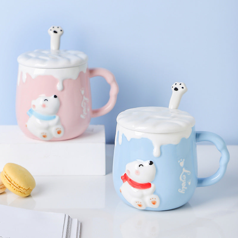 Cute Polar Bear Ceramic Cup With Lid Spoon