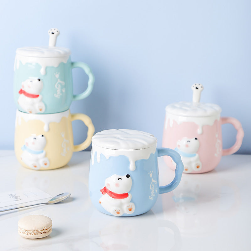 Cute Polar Bear Ceramic Cup With Lid Spoon