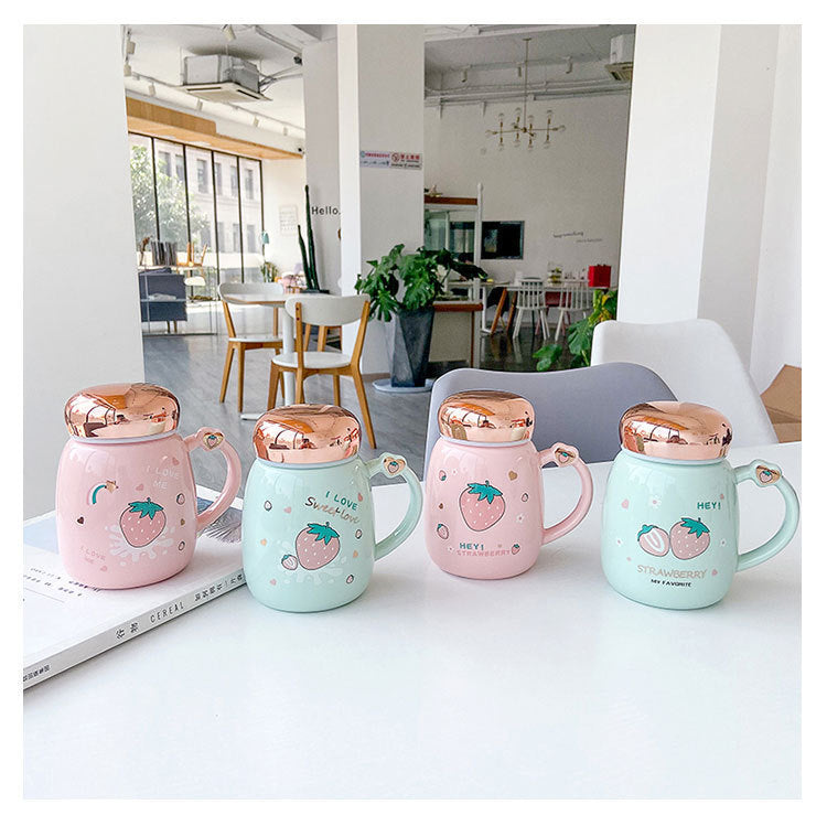 Cute Strawberry Ceramic Mug Mirror Cover Sealed Cup