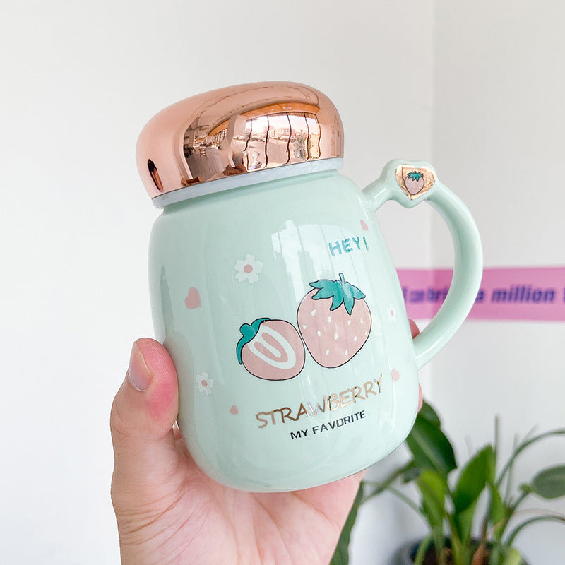 Cute Strawberry Ceramic Mug Mirror Cover Sealed Cup