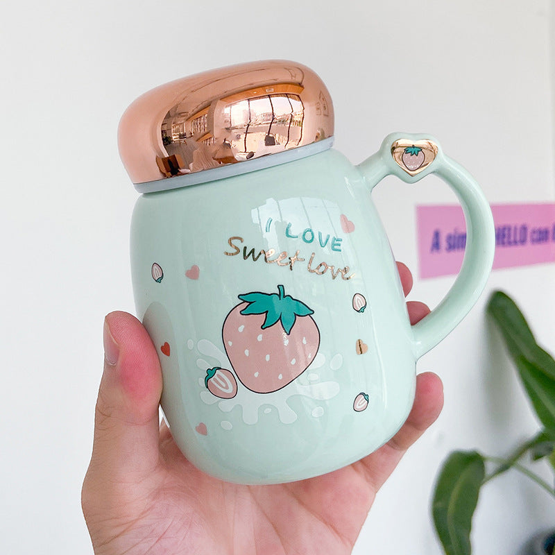 Cute Strawberry Ceramic Mug Mirror Cover Sealed Cup