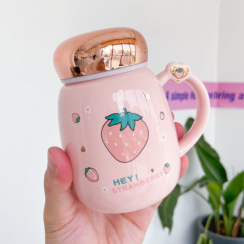 Cute Strawberry Ceramic Mug Mirror Cover Sealed Cup