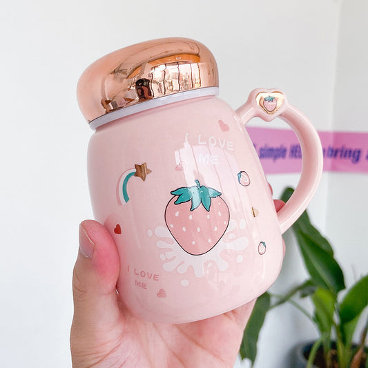 Cute Strawberry Ceramic Mug Mirror Cover Sealed Cup