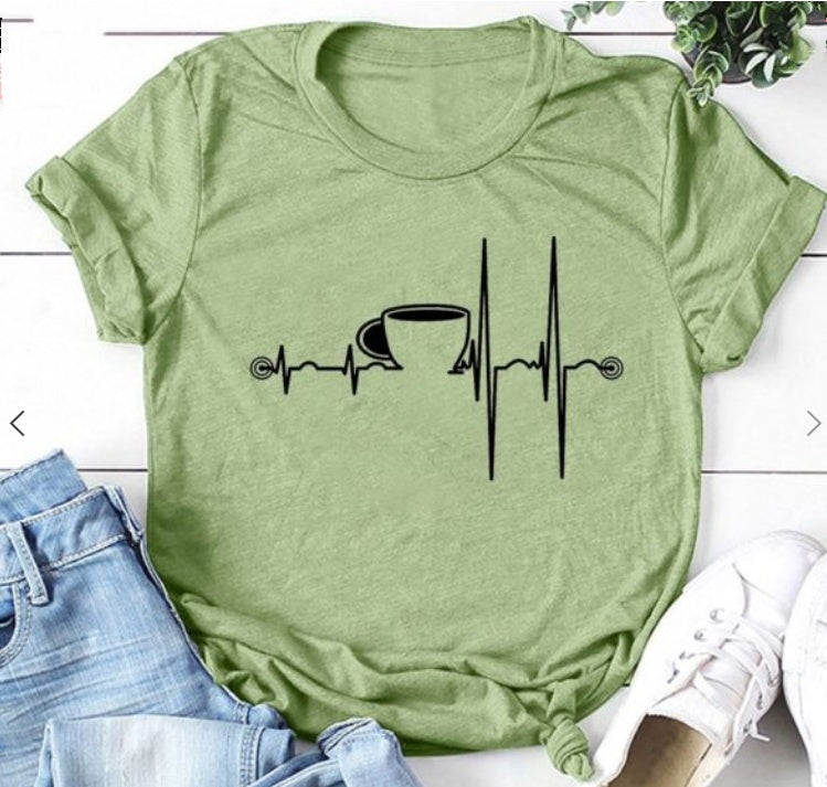 T-Shirt Ladies Coffee Cup Print Short Sleeve