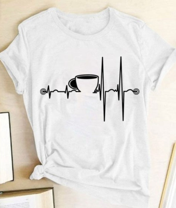 T-Shirt Ladies Coffee Cup Print Short Sleeve