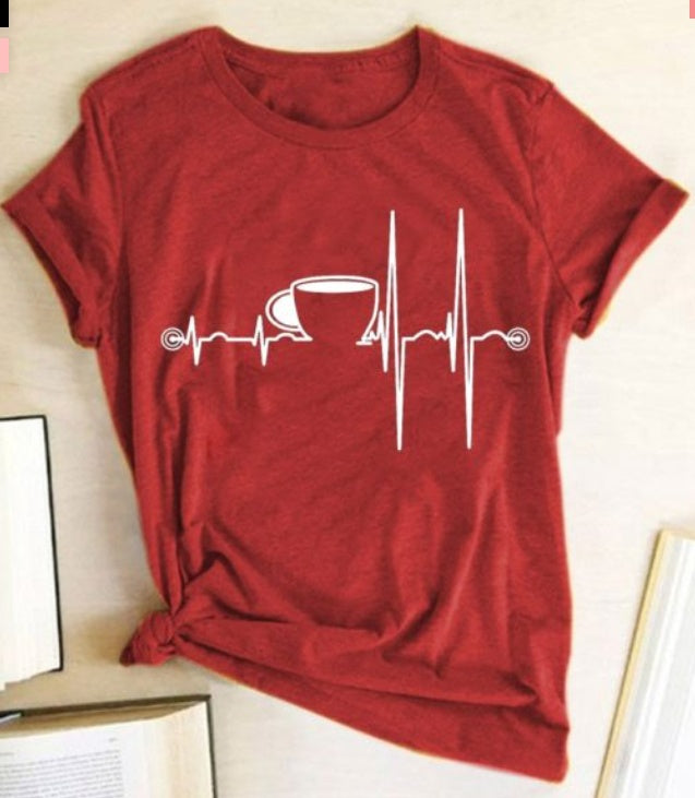 T-Shirt Ladies Coffee Cup Print Short Sleeve
