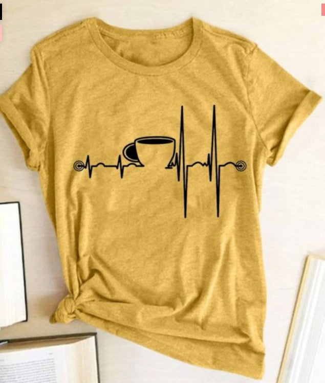 T-Shirt Ladies Coffee Cup Print Short Sleeve
