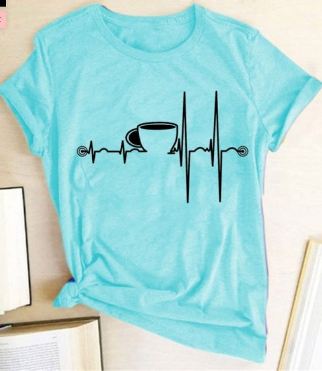 T-Shirt Ladies Coffee Cup Print Short Sleeve