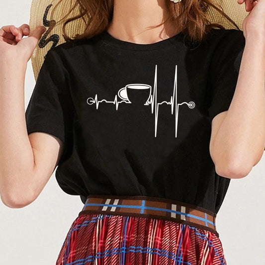 T-Shirt Ladies Coffee Cup Print Short Sleeve