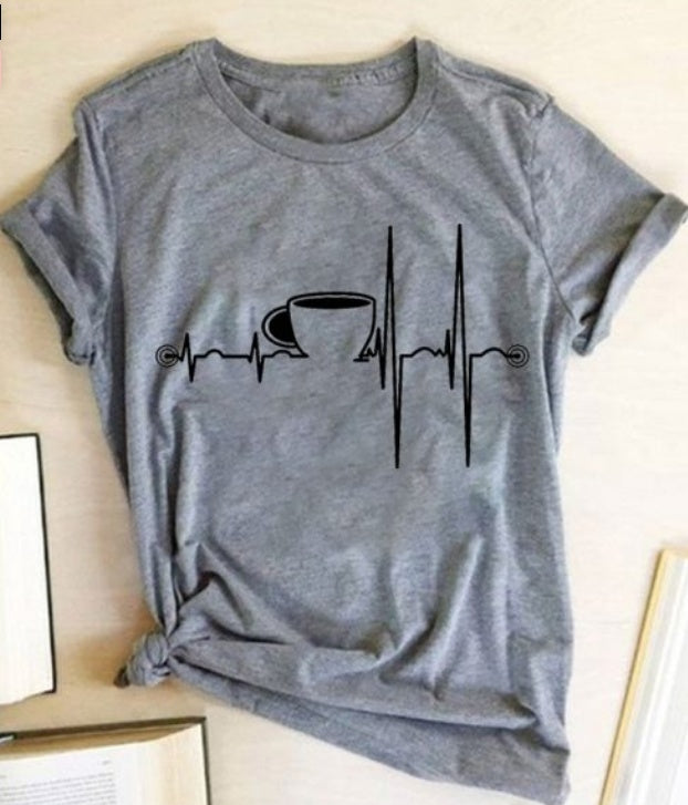 T-Shirt Ladies Coffee Cup Print Short Sleeve
