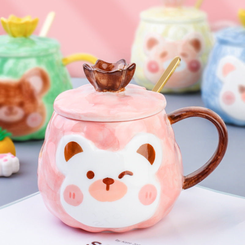Cartoon Mug Bear Hand-Painted Ceramic Mug With Lid